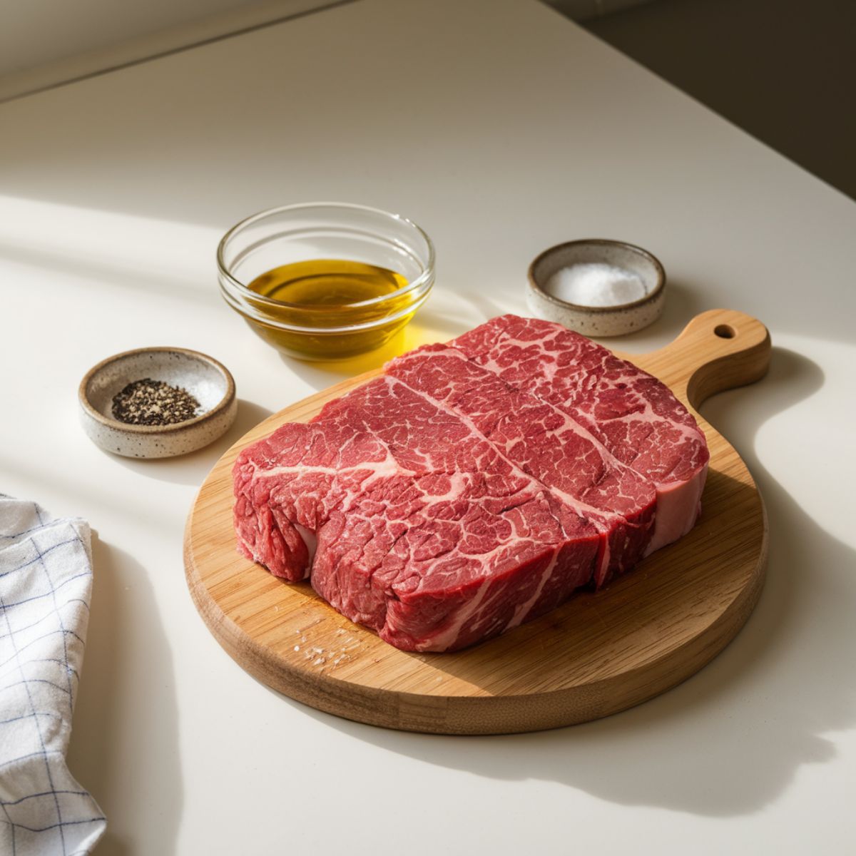 Fresh chuck roast cubes, olive oil, salt, and black pepper on a wooden cutting board in a modern kitchen.