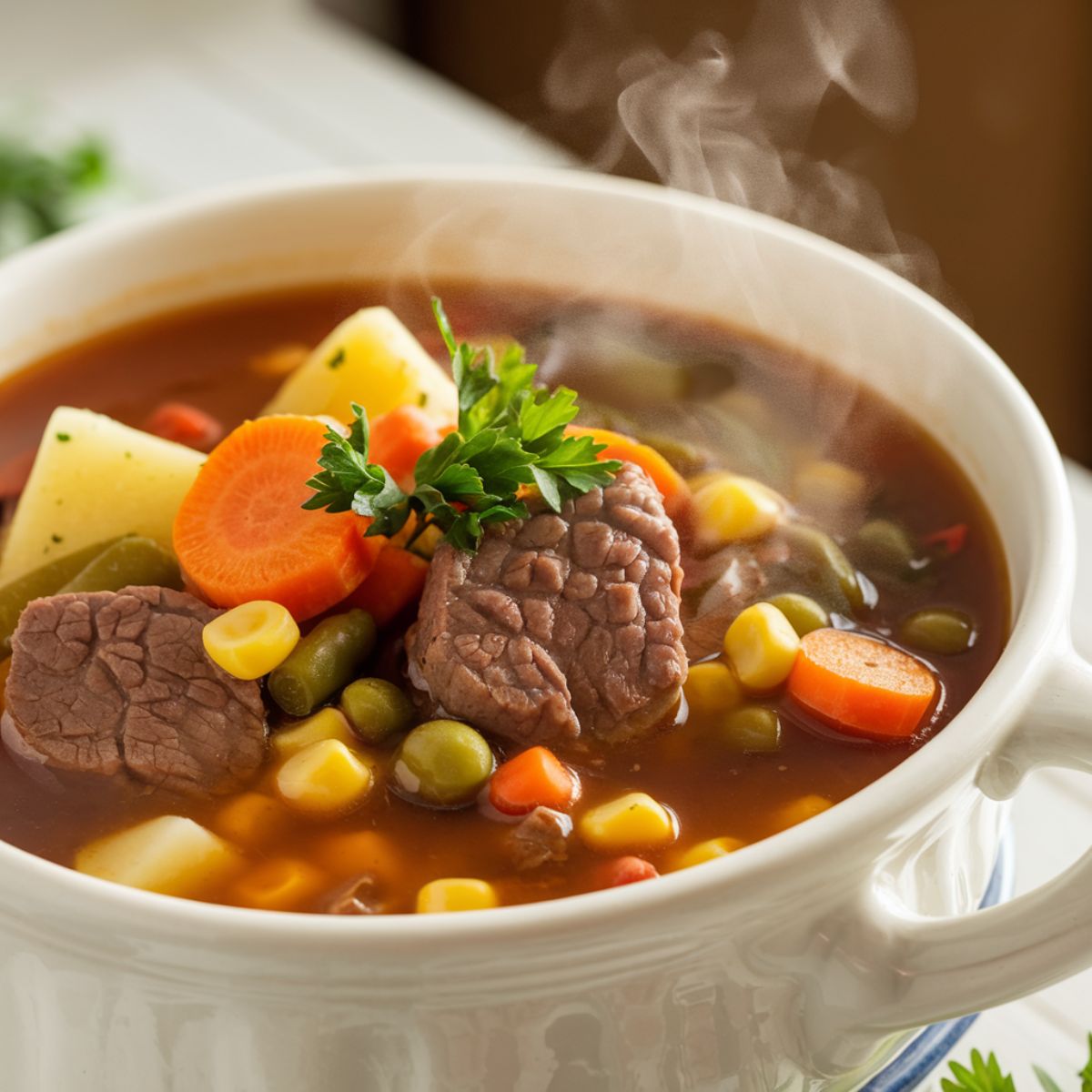 Hearty homemade vegetable beef soup with tender beef, carrots, potatoes, and green beans in a rich broth, garnished with fresh parsley.