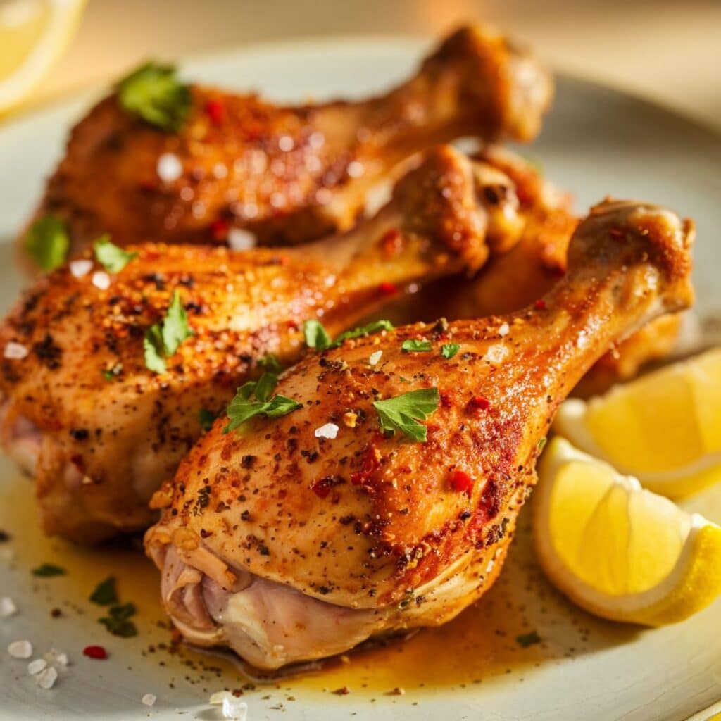 Golden-brown Instant Pot chicken drumsticks with a crispy, seasoned coating, garnished with fresh parsley and served with lemon wedges.