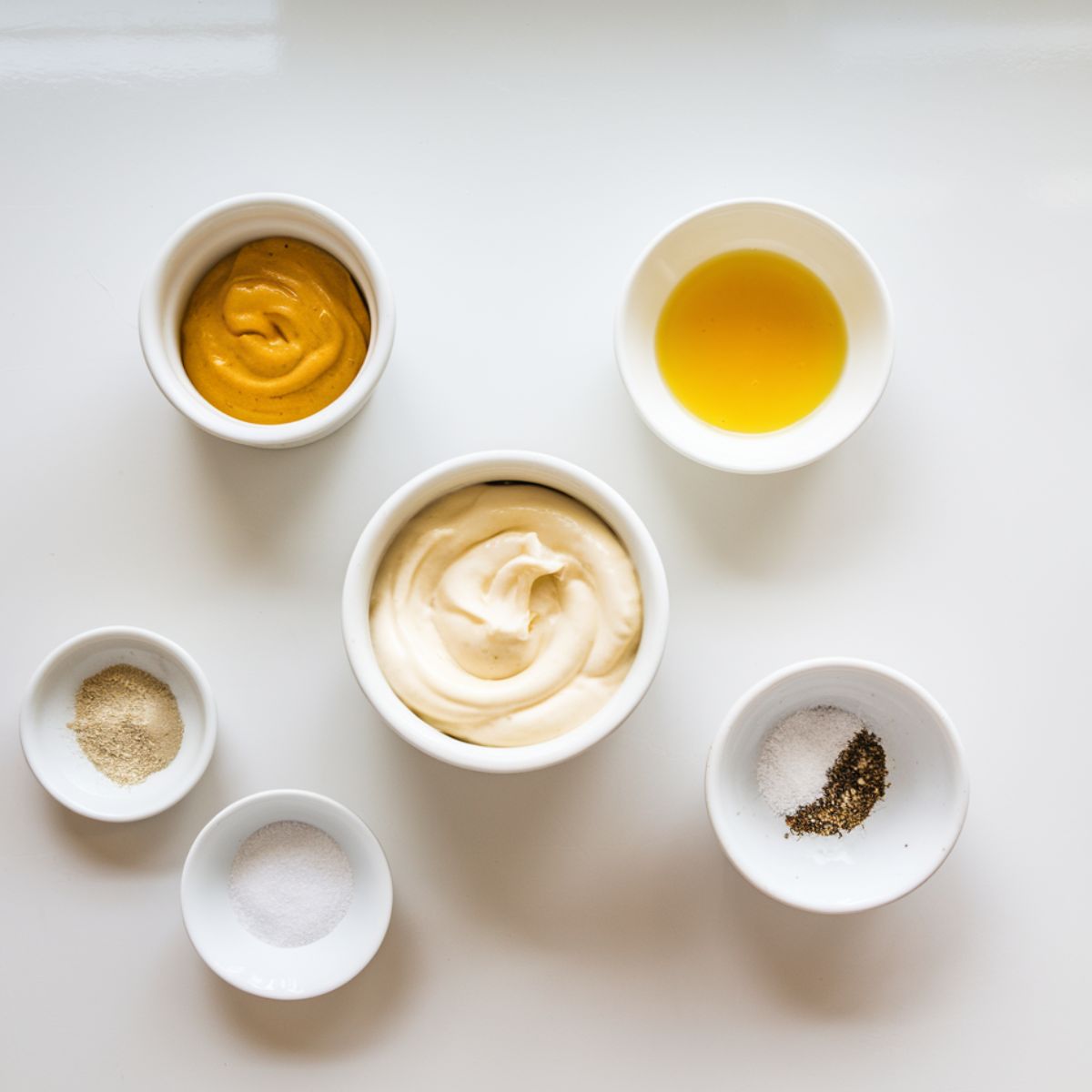 Ingredients for homemade turkey salad dressing, including mayonnaise, Dijon mustard, lemon juice, garlic powder, salt, and black pepper, arranged on a white kitchen counter.