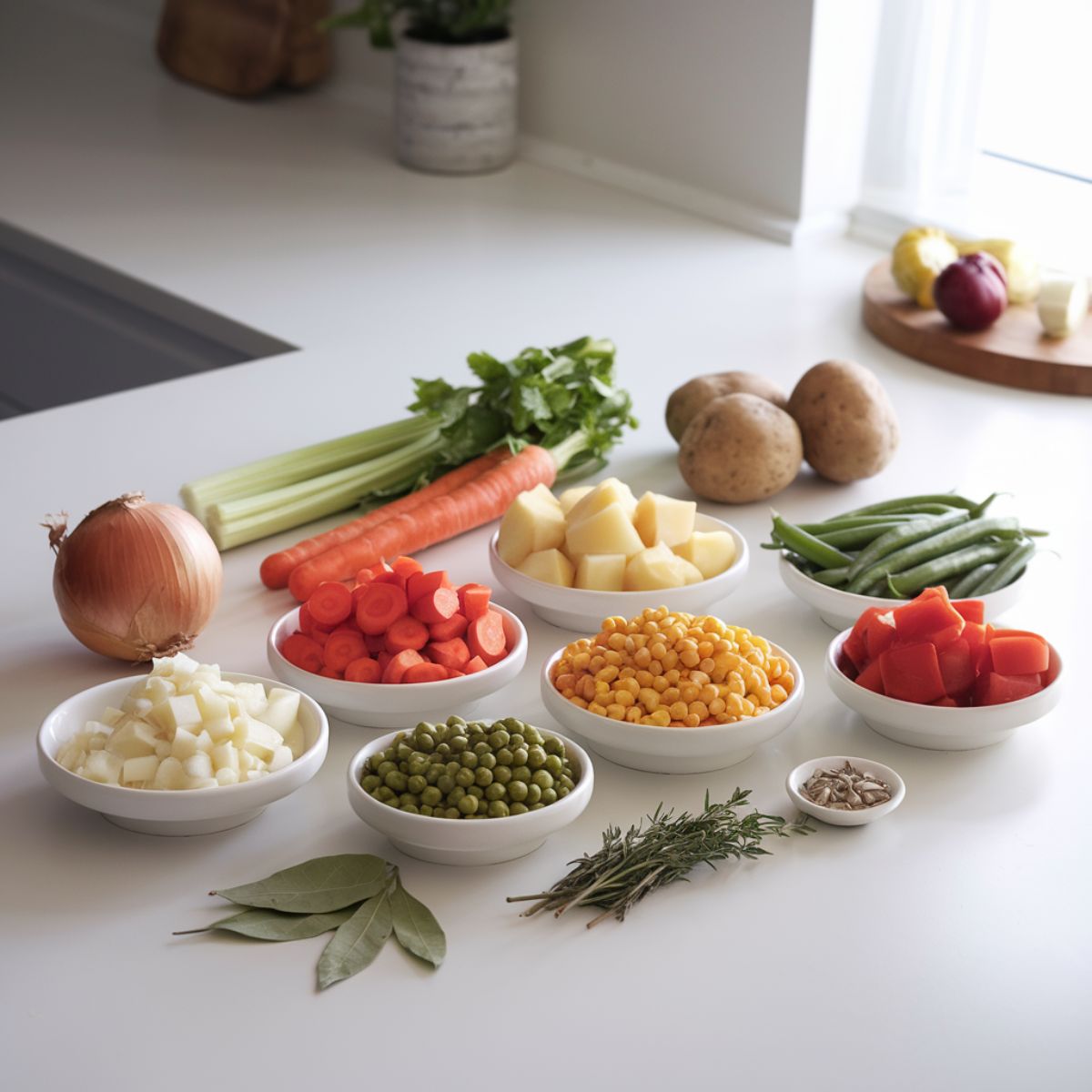 Fresh vegetable ingredients for vegetable beef soup, each in its own bowl on a modern kitchen counter.
