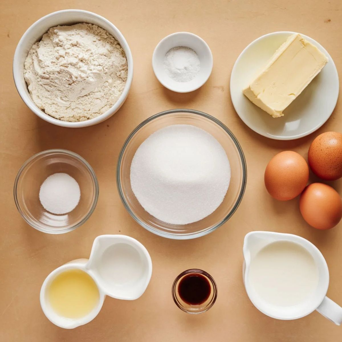 Ingredients for a Boston Cream Pie recipe, including flour, sugar, butter, eggs, milk, vanilla extract, and leavening agents, neatly arranged on a countertop. A perfect foundation for the sponge cake layers.