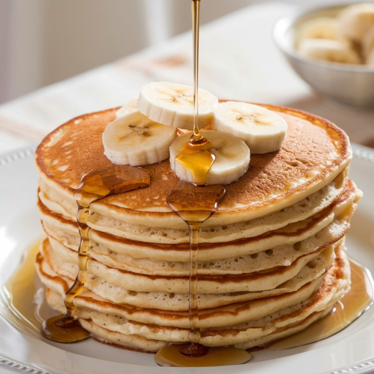 Fluffy Banana Oat Pancakes stacked high, topped with fresh banana slices, and drizzled with rich maple syrup for a wholesome and delightful breakfast treat.