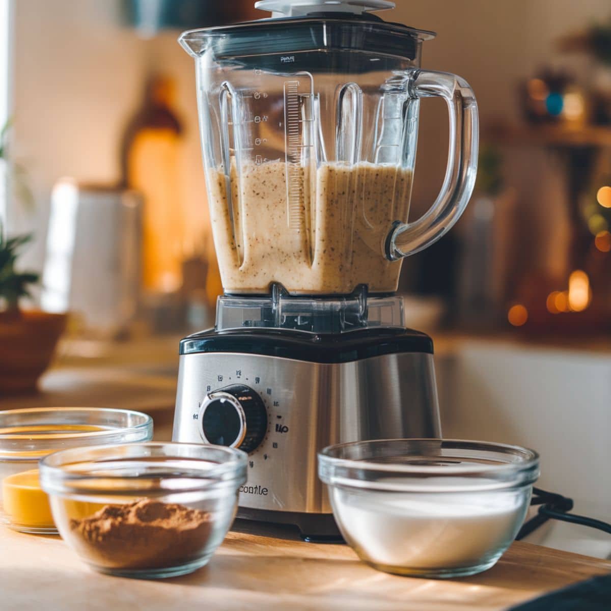 Blending the batter for Banana Oat Pancakes in a high-powered blender, surrounded by fresh ingredients like milk, oats, and cinnamon for a perfect breakfast recipe.