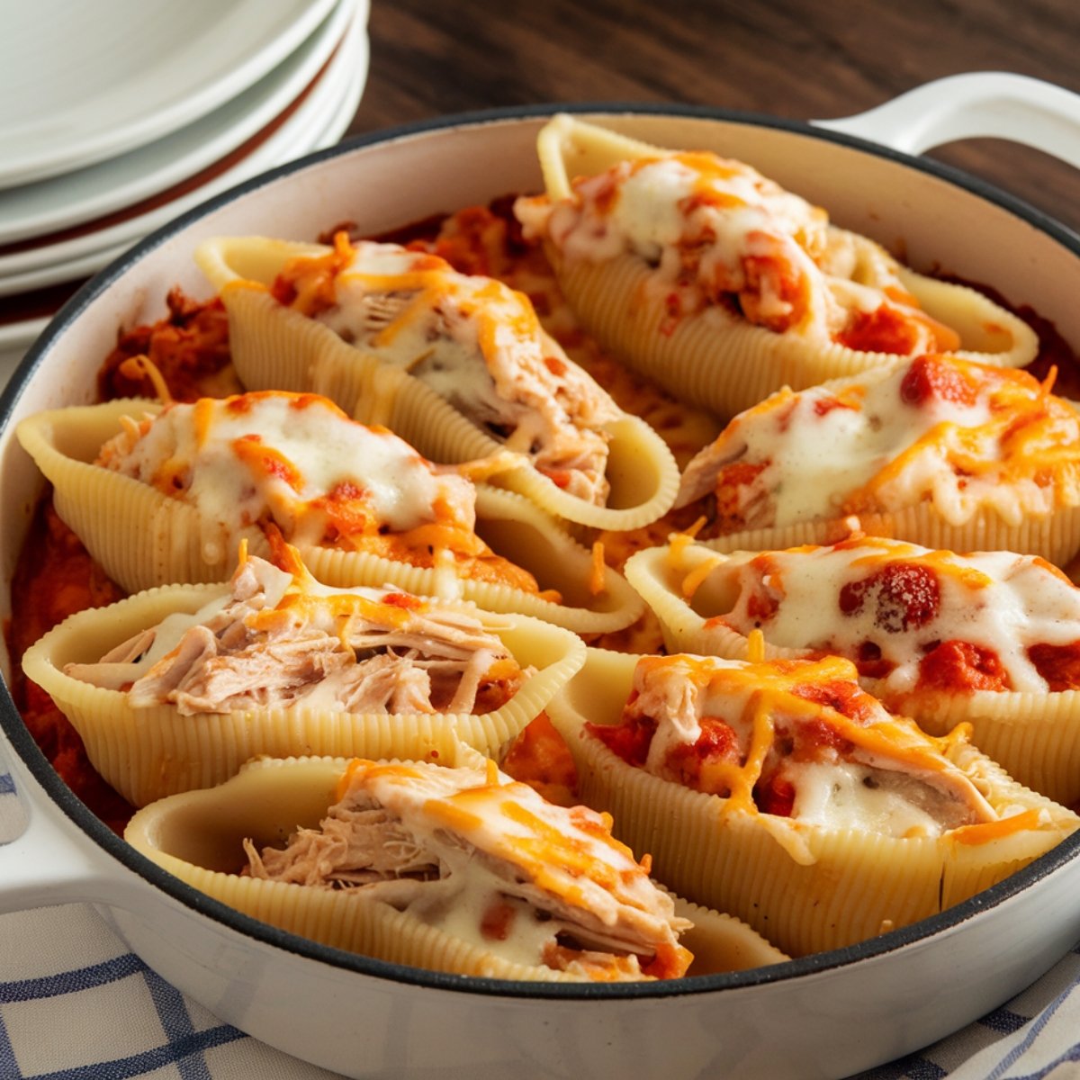 Cheesy Baked Chicken Stuffed Shells Recipe featuring jumbo pasta shells filled with shredded chicken and creamy cheese, baked in marinara sauce until golden and bubbly, served in a white casserole dish.