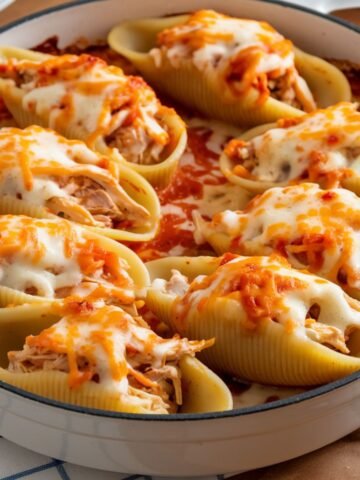 Delicious Chicken Stuffed Shells Recipe featuring jumbo pasta shells filled with creamy chicken and cheese, topped with marinara sauce and melted mozzarella, baked to perfection in a casserole dish.