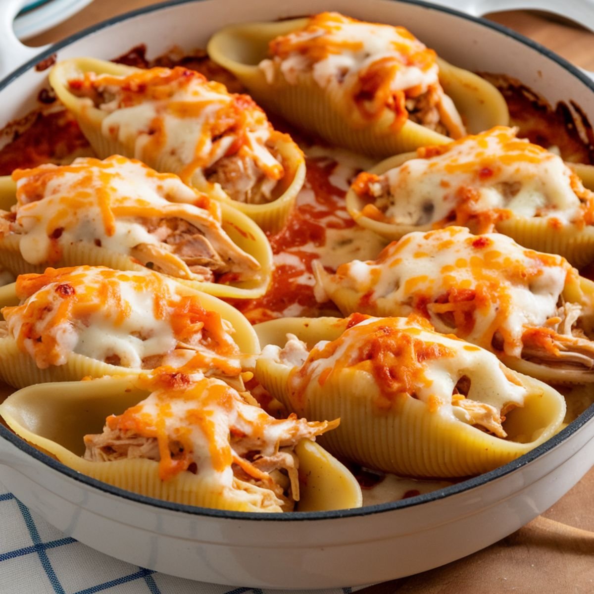 Delicious Chicken Stuffed Shells Recipe featuring jumbo pasta shells filled with creamy chicken and cheese, topped with marinara sauce and melted mozzarella, baked to perfection in a casserole dish.