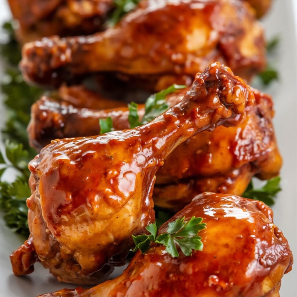 Close-up of juicy, glazed Instant Pot Chicken Drumsticks topped with fresh parsley, perfect for a flavorful meal.