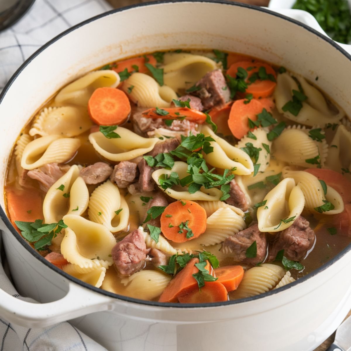 Cozy and Hearty Turkey Soup Recipe with Pasta Shells, Carrots, and Fresh Herbs