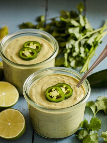 Two glass jars filled with Cream of Jalapeño Soup, topped with fresh jalapeño slices, surrounded by lime halves, whole jalapeños, and fresh cilantro on a rustic blue surface – a creamy and spicy recipe bursting with flavor.