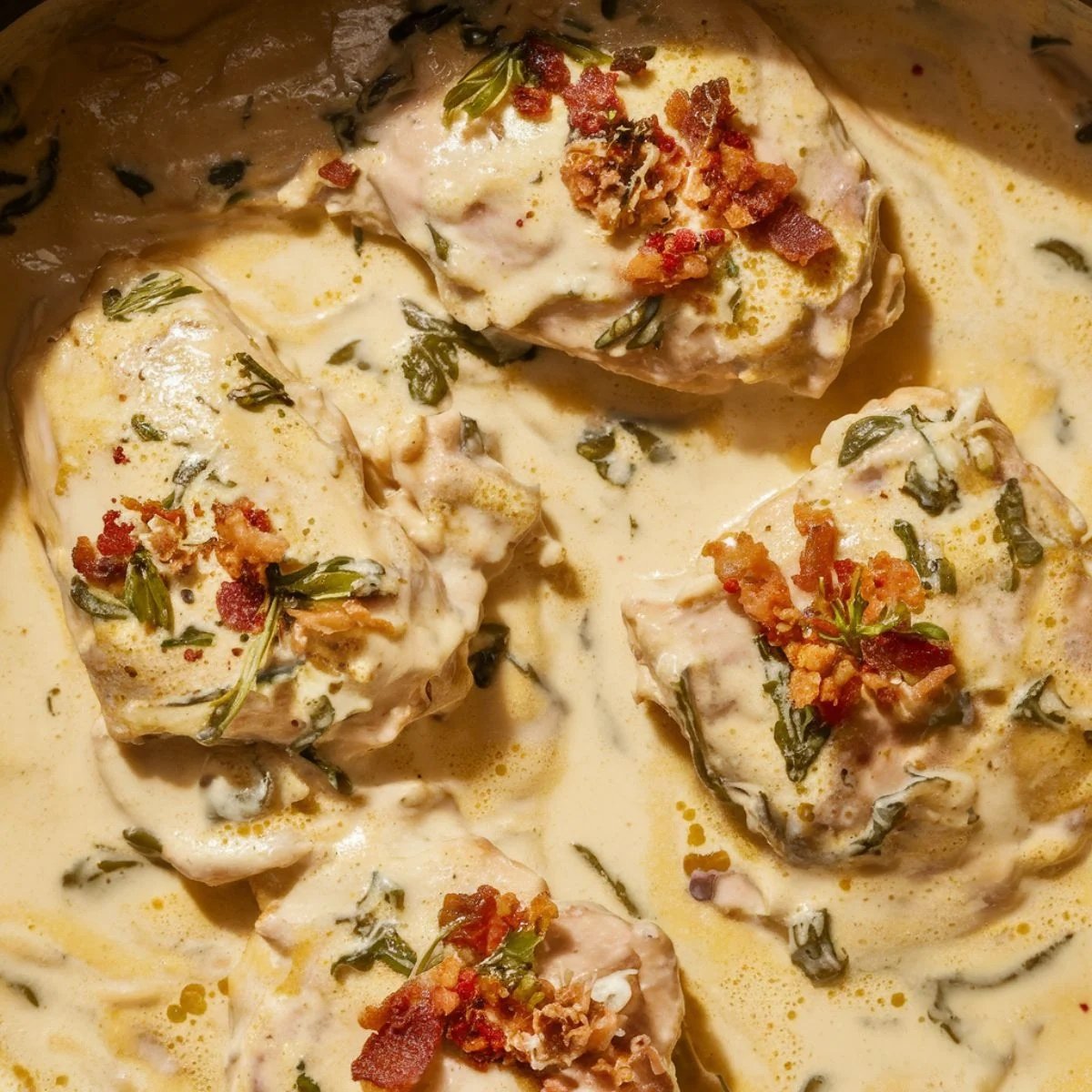 Rich and creamy smothered chicken recipe featuring tender chicken breasts in a flavorful sauce with spinach, crispy bacon, and fresh herbs. A comforting and delicious meal for any occasion.