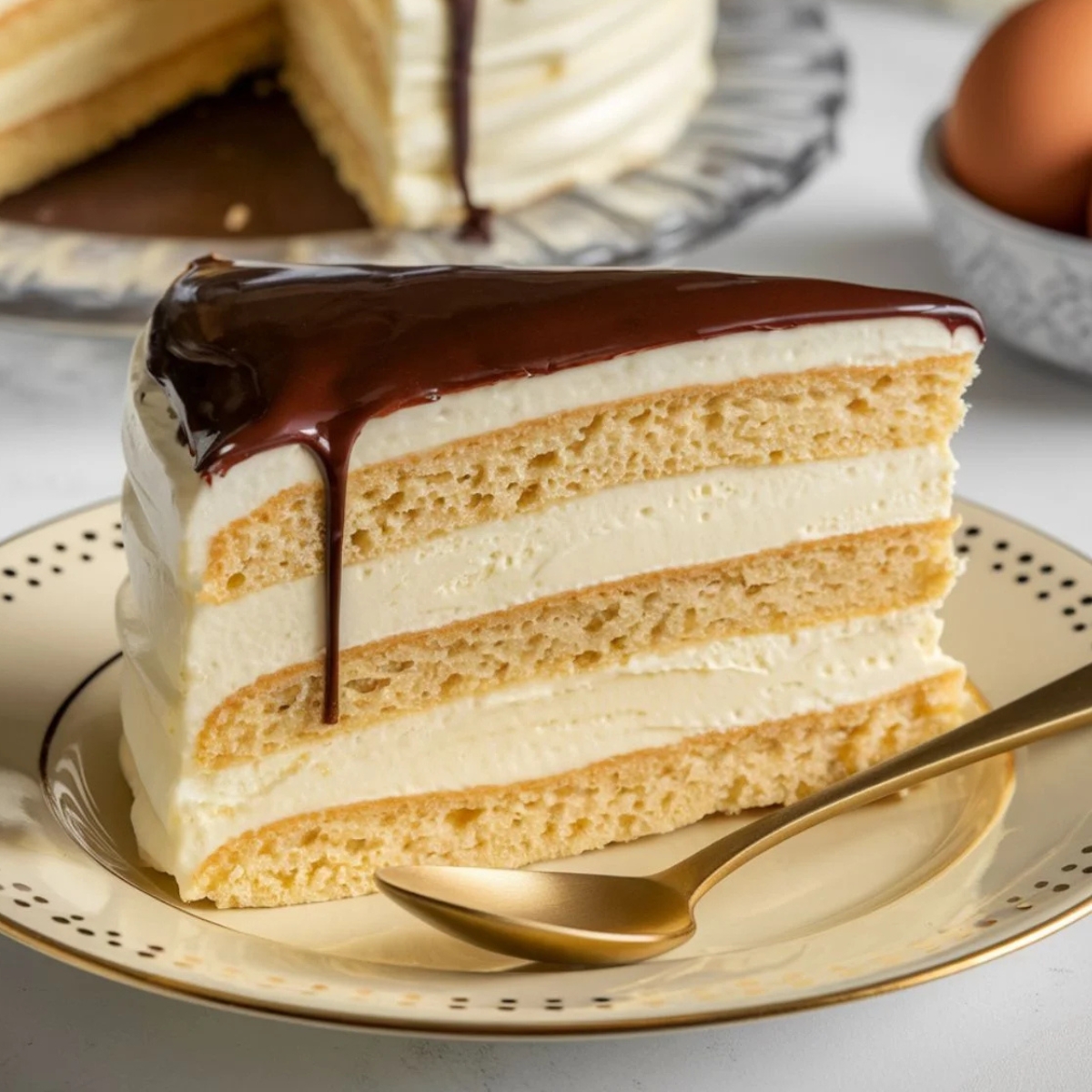 Slice of decadent Boston Cream Pie featuring layers of soft sponge cake, creamy custard filling, and a rich chocolate glaze, served on a plate with a golden spoon. Perfect dessert for any occasion.