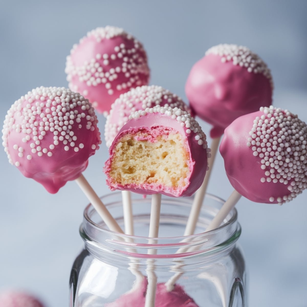 Starbucks Cake Pops Recipe: Homemade pink cake pops with a moist vanilla center, coated in smooth frosting and topped with white sprinkles, served on sticks for a delightful dessert.