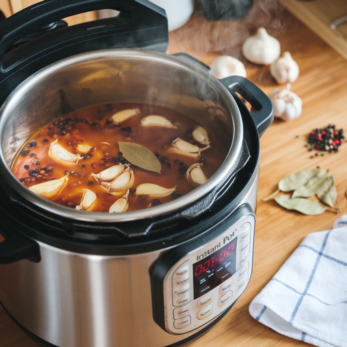 Cooking Instant Pot Chicken Adobo: Aromatic Garlic, Bay Leaves, and Soy Sauce Mixture Simmering to Perfection