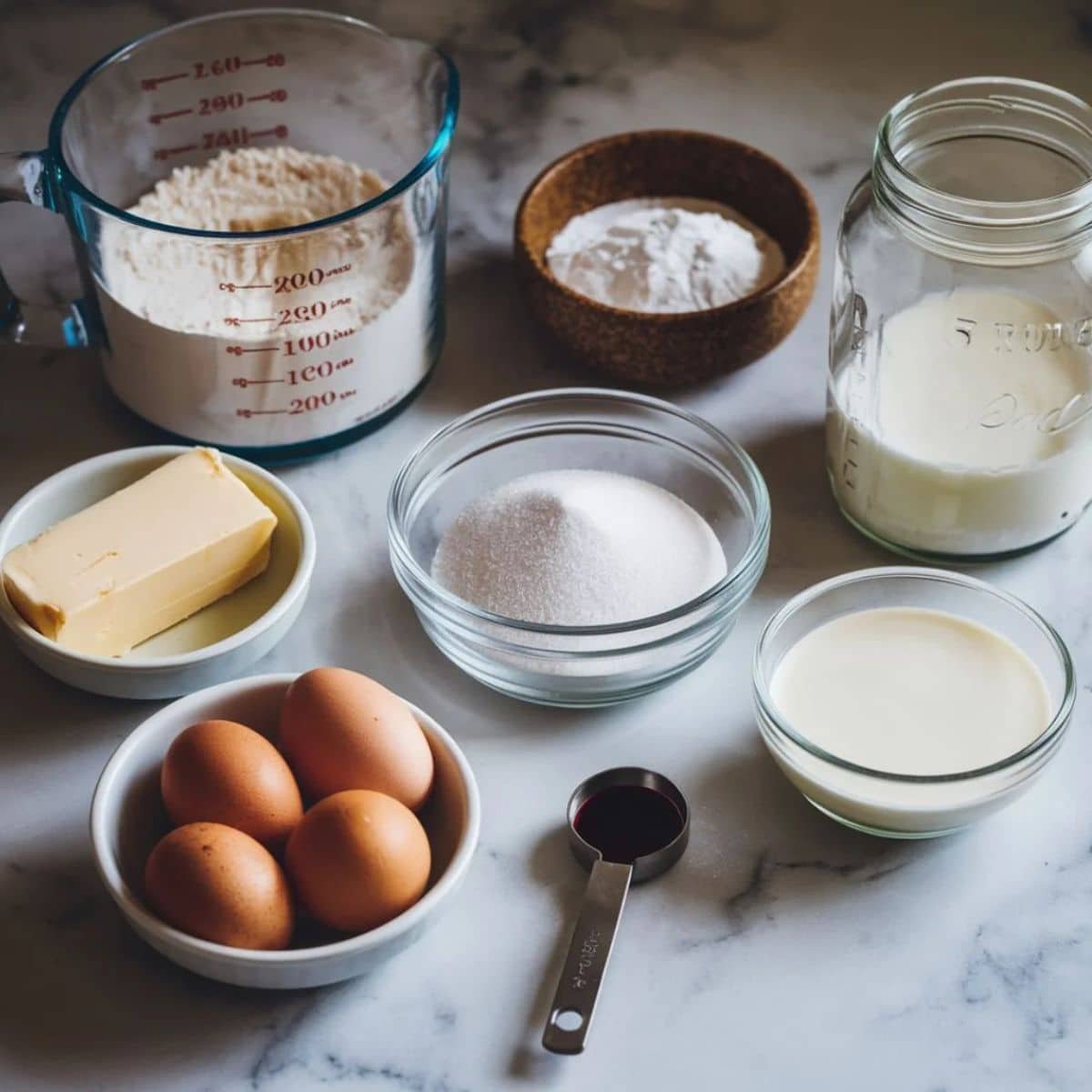 Essential ingredients for Strawberry Crunch Cupcakes, including flour, sugar, butter, eggs, milk, and vanilla extract, measured and ready for baking on a marble countertop.