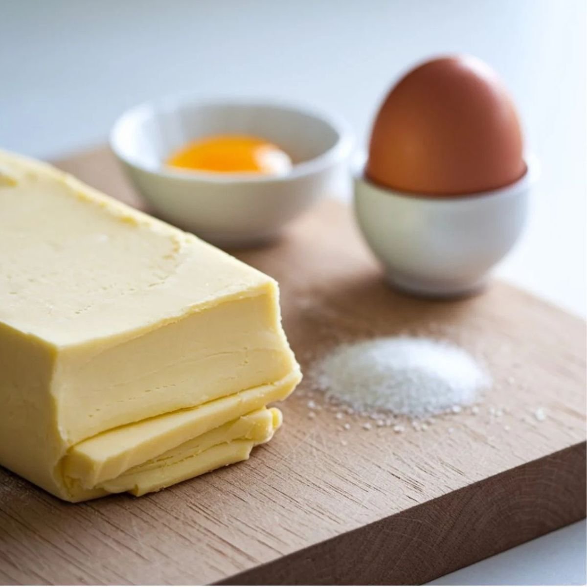 Essential ingredients for a Gipfeli Recipe – Homemade Croissant: a block of butter, a fresh egg, sugar, and a pinch of salt, arranged on a wooden cutting board, ready for making flaky, buttery croissants.