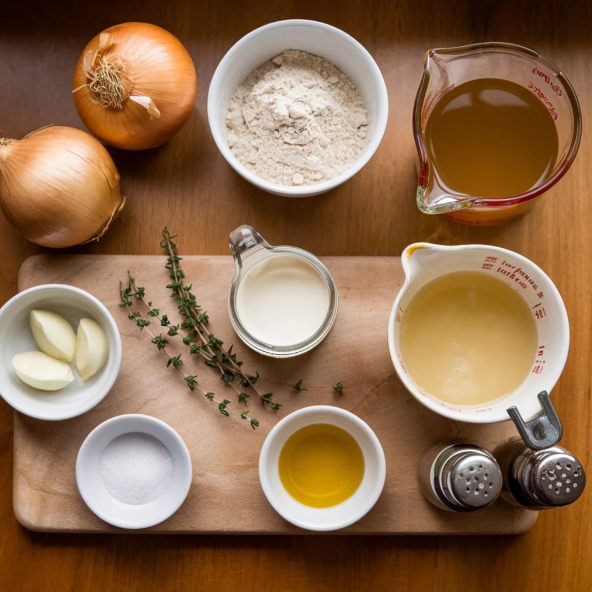 Essential ingredients for a smothered chicken recipe, including onions, garlic, fresh thyme, chicken broth, heavy cream, flour, and seasonings. Perfect for creating a flavorful and comforting dish.