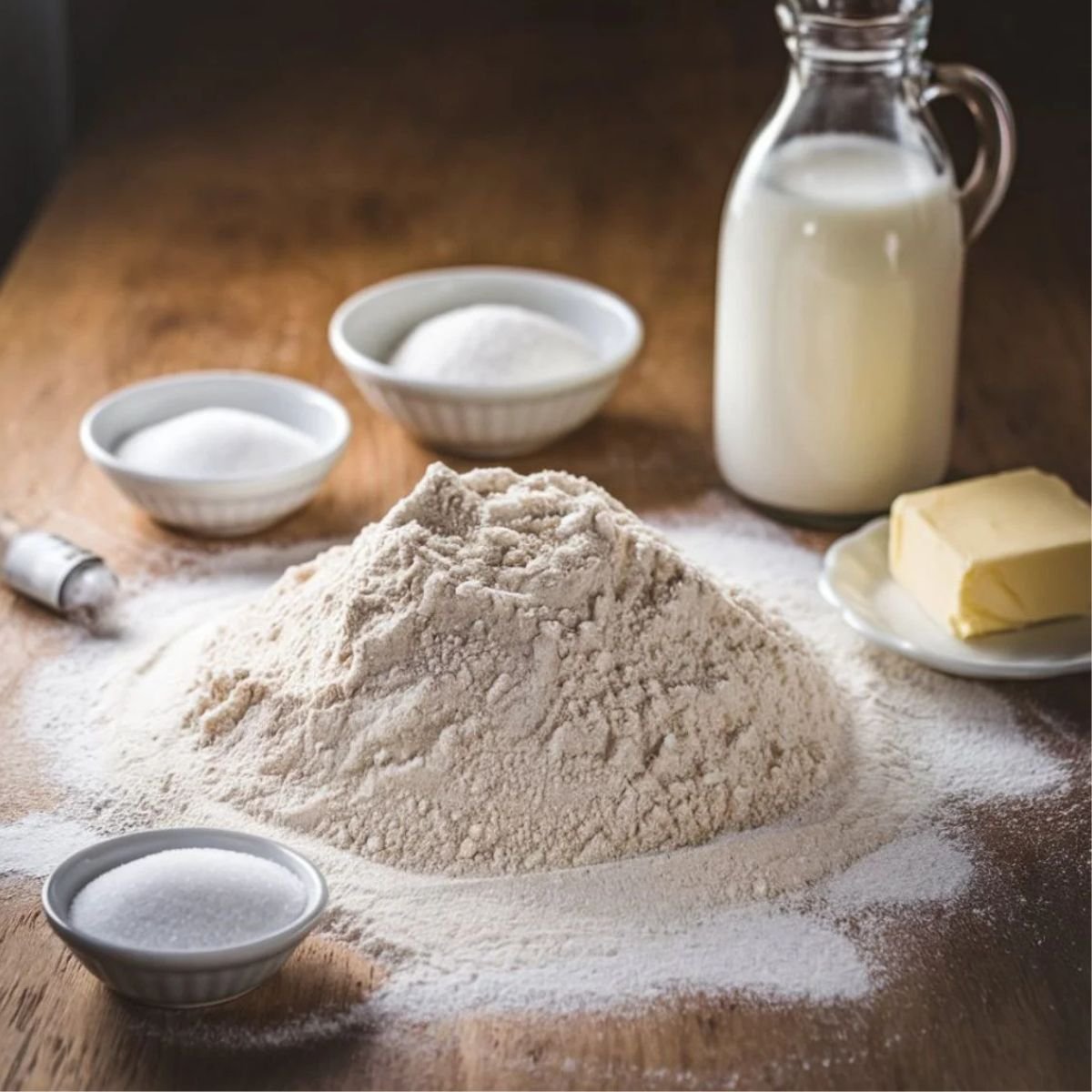 Essential ingredients for a Gipfeli Recipe – Homemade Croissant: flour, sugar, salt, milk, and butter, neatly arranged on a wooden surface, ready for making delicious, flaky croissants.