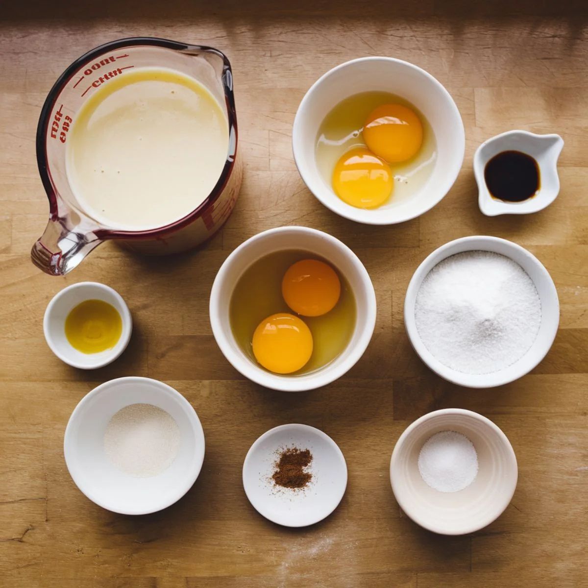 Essential ingredients for Eggnog Pie Recipe: eggs, sugar, vanilla extract, ground spices, and creamy eggnog, ready to create a festive holiday dessert.