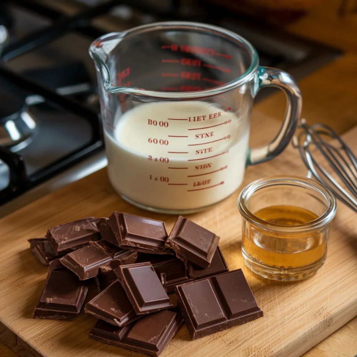 Essential ingredients for a Boston Cream Pie recipe, featuring milk in a measuring cup, chopped dark chocolate, vanilla extract, and a whisk on a wooden cutting board. Perfect for creating the creamy filling and rich glaze.