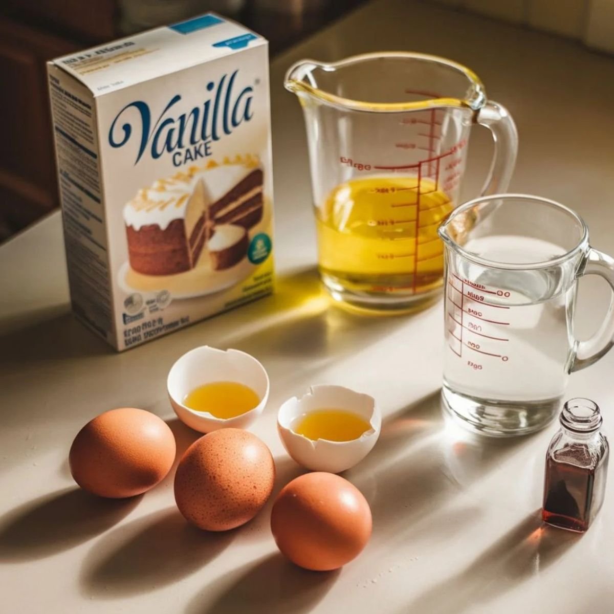 Essential ingredients for Starbucks Cake Pops Recipe: vanilla cake mix, eggs, oil, water, and vanilla extract, perfectly measured and ready for creating the iconic sweet treat.