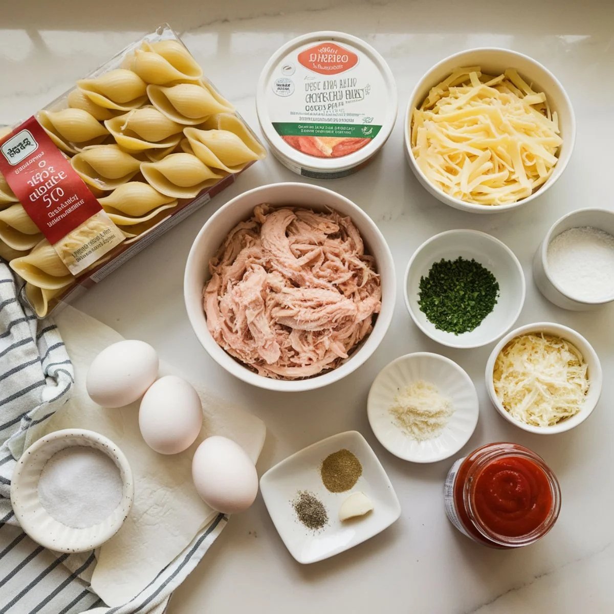 Ingredients for Chicken Stuffed Shells Recipe including jumbo pasta shells, shredded chicken, mozzarella cheese, ricotta cheese, Parmesan cheese, marinara sauce, fresh parsley, eggs, and seasonings arranged on a white countertop for a delicious baked pasta dish.