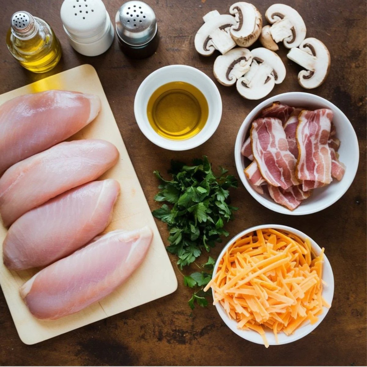 resh ingredients for Alice Springs Chicken Recipe: chicken breasts, crispy bacon, sliced mushrooms, shredded cheddar cheese, olive oil, and parsley for a flavorful dish.