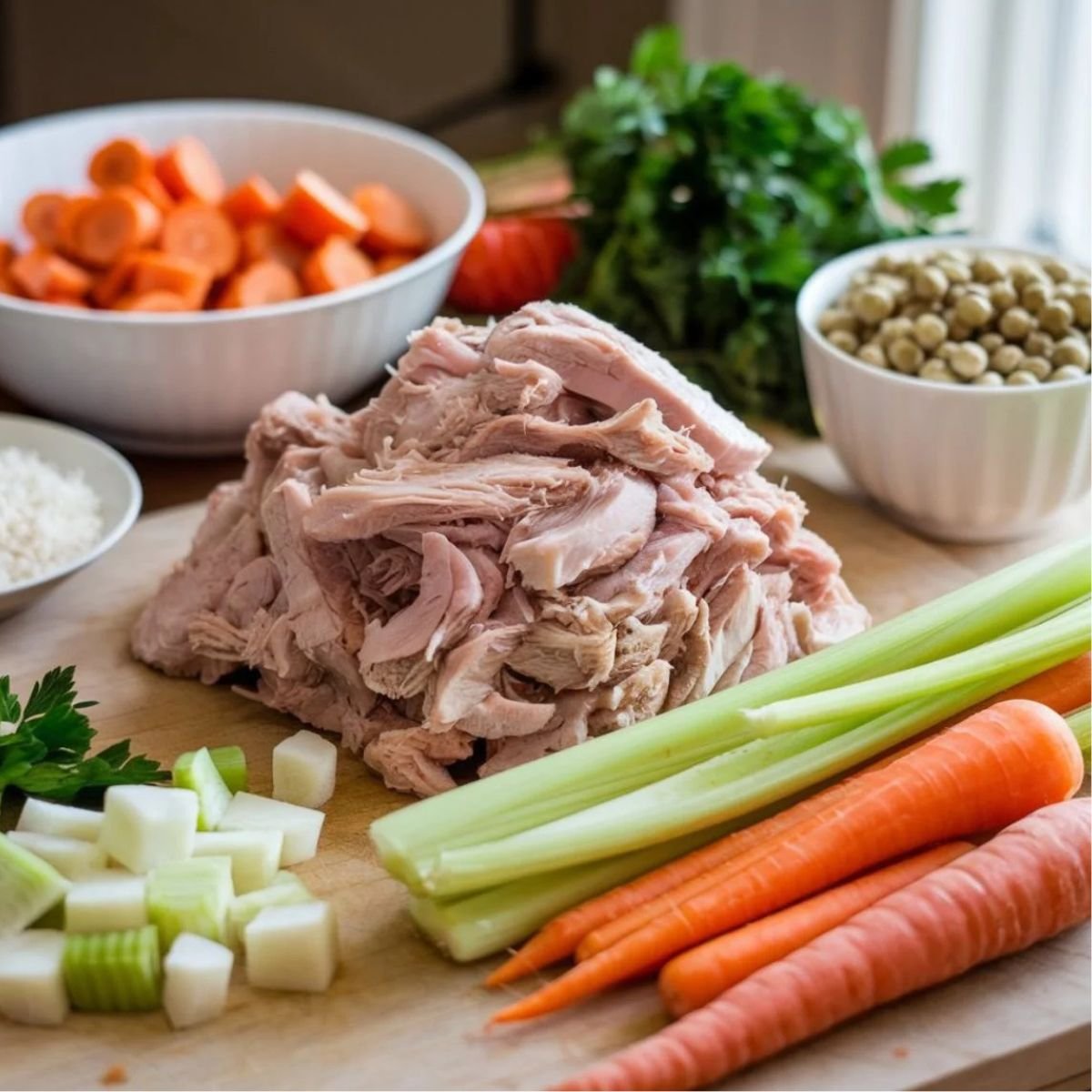 Chopped Vegetables and Tender Turkey Meat Prepared for a Cozy Turkey Soup Recipe