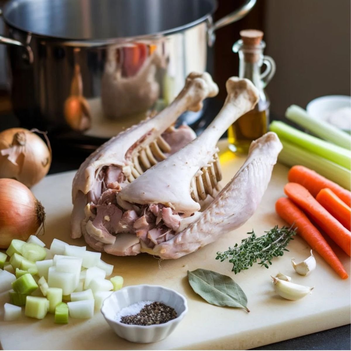 Fresh Ingredients for a Flavorful Turkey Soup Recipe, Including Turkey Bones, Vegetables, and Herbs