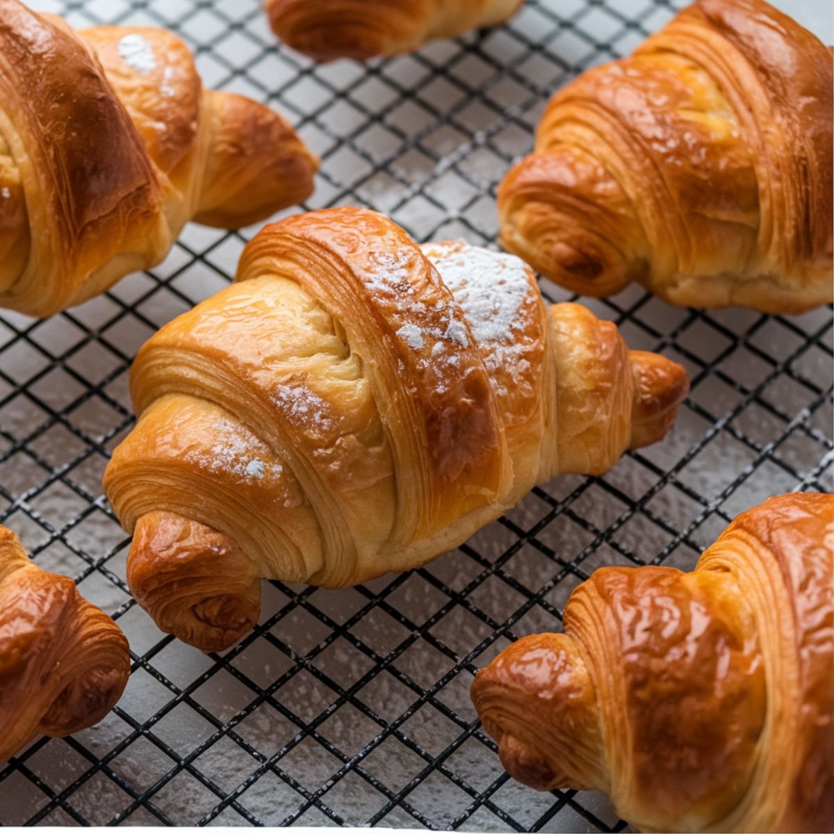 Freshly baked croissants cooling on a rack, showcasing the golden, flaky perfection of a homemade Gipfeli recipe – crispy on the outside, soft and buttery on the inside.