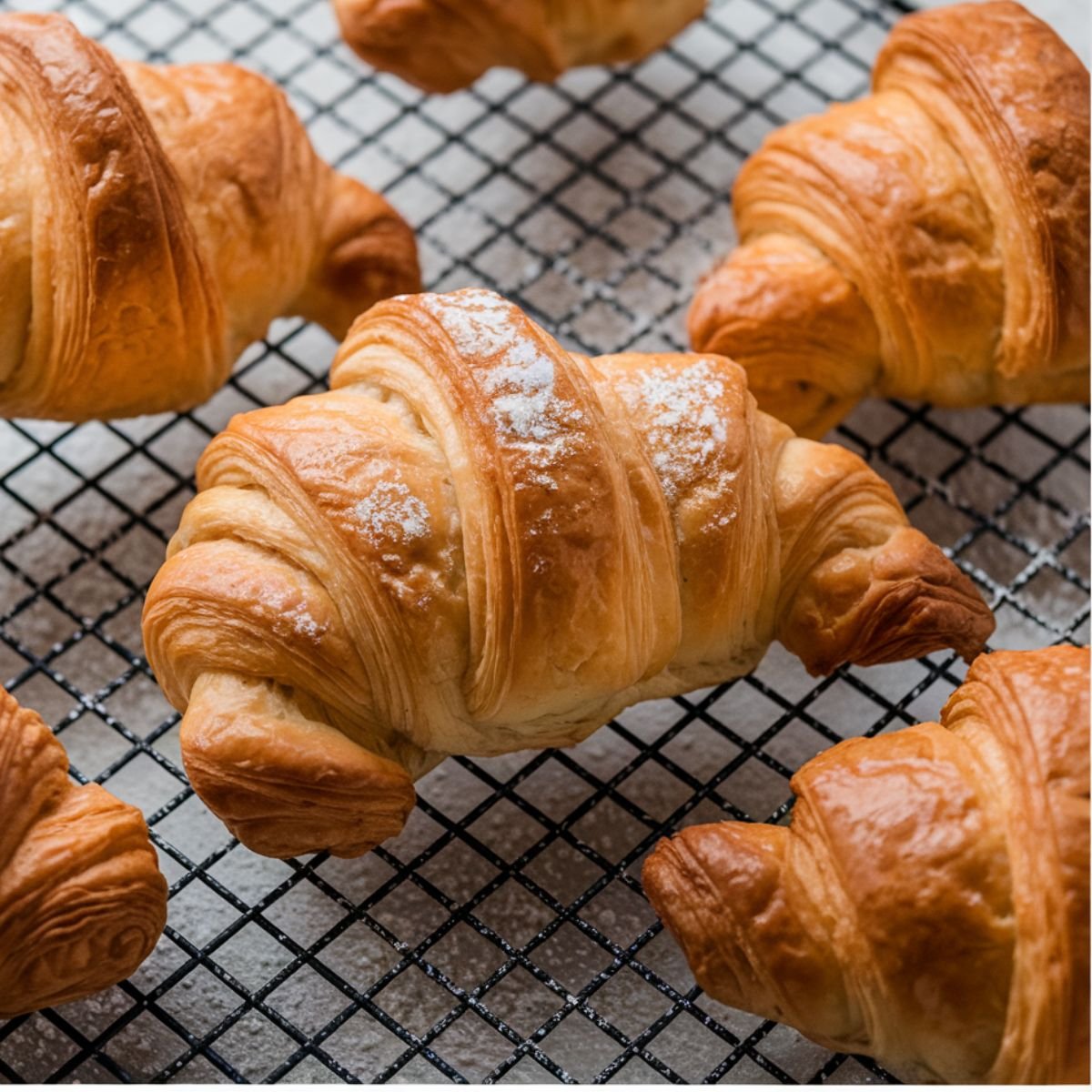 Freshly baked Gipfeli – Homemade Croissants cooling on a rack, showcasing the warm, golden layers and flaky texture, perfect for breakfast or a delicious treat.