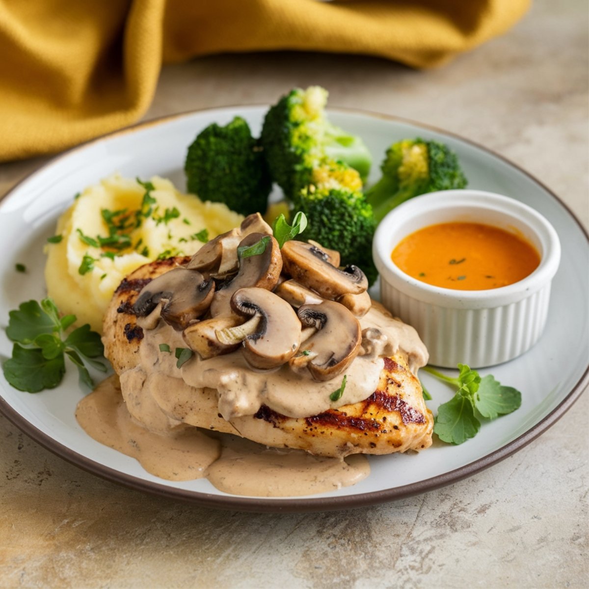 Delicious Alice Springs Chicken Recipe: grilled chicken breast topped with creamy mushroom sauce, served with mashed potatoes, steamed broccoli, and a side of honey mustard dipping sauce.