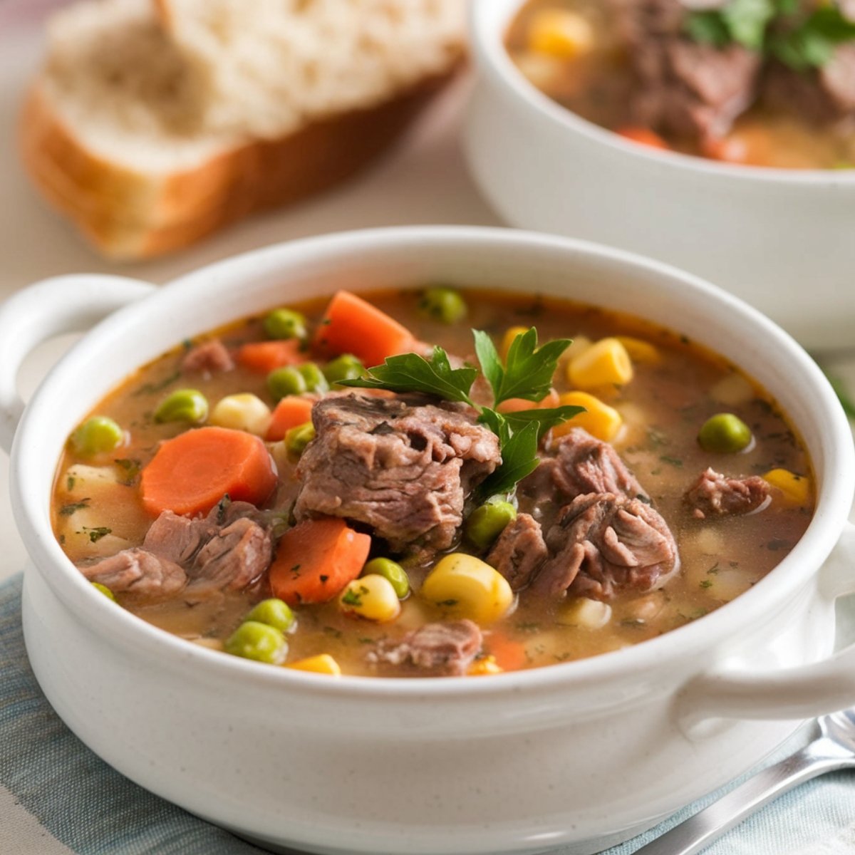 A comforting bowl of Beef Soup Recipe: tender beef chunks, carrots, peas, corn, and herbs in a rich broth, served warm with a slice of bread, perfect for a hearty and flavorful meal.