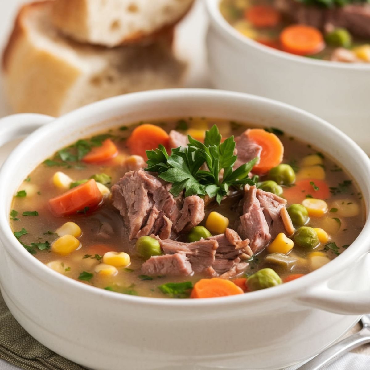 A comforting bowl of Vegetable Beef Soup Recipe: tender beef chunks, carrots, peas, corn, and fresh herbs in a flavorful broth, served warm for a hearty and nourishing meal.