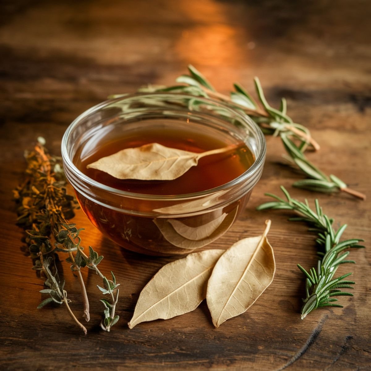 Key flavor ingredients for a Beef Soup Recipe: a bowl of rich beef broth, dried bay leaves, fresh thyme, and sprigs of rosemary, beautifully arranged on a rustic wooden surface to enhance the depth and aroma of the soup.