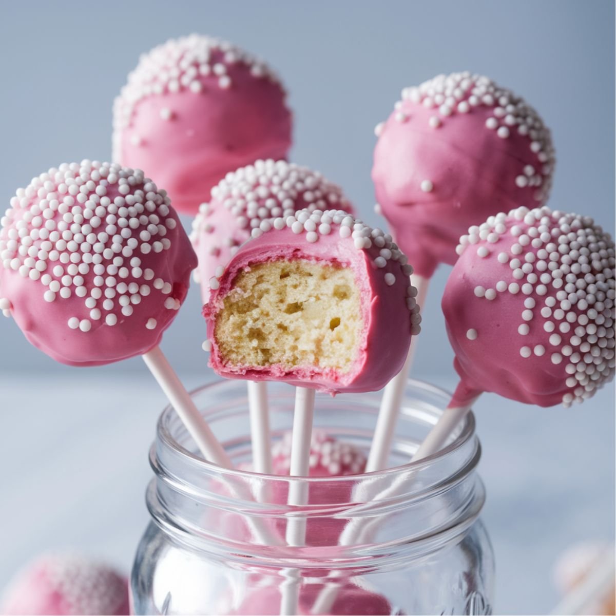 Starbucks Cake Pops Recipe: Delicious pink cake pops coated in a smooth frosting, decorated with white sprinkles, and served on sticks for a fun and easy homemade treat.