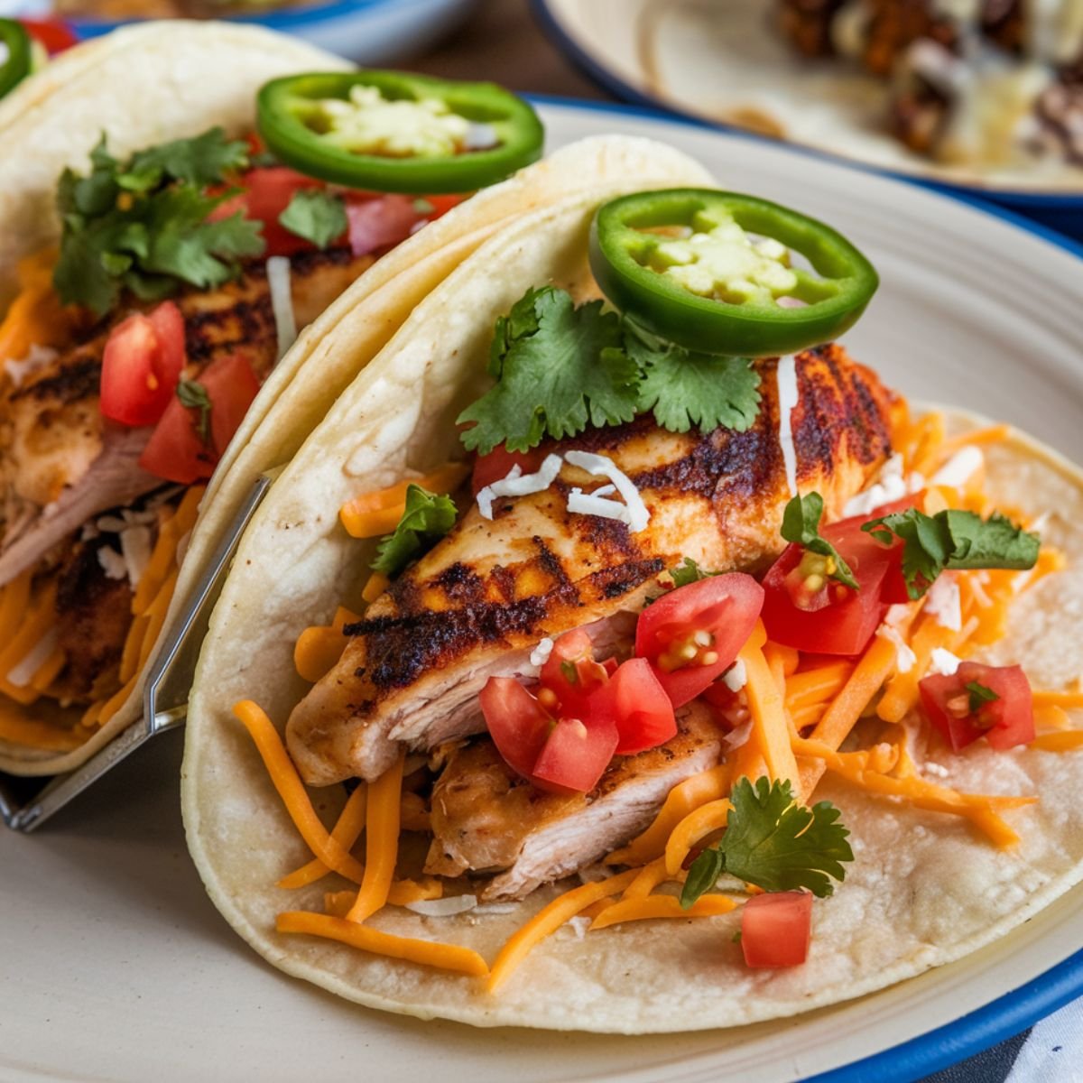 Close-up of Instant Pot Chicken Tacos with grilled chicken, shredded cheese, diced tomatoes, fresh cilantro, and jalapeño slices, served on soft tortillas.