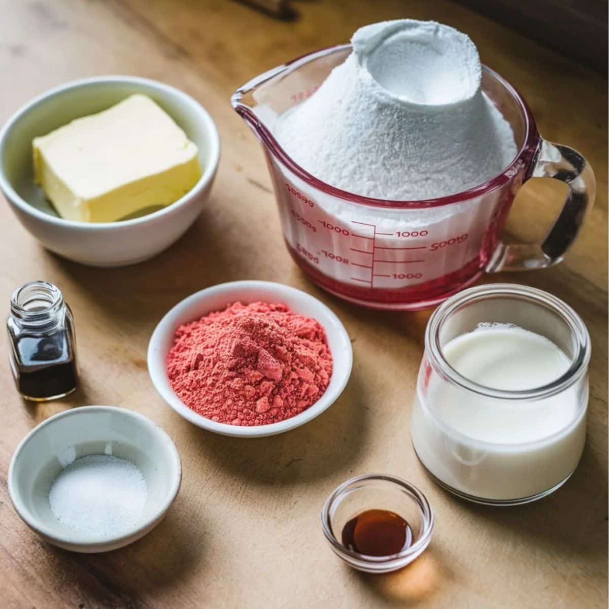 Key ingredients for Strawberry Crunch Cupcakes, including butter, flour, strawberry crumble mix, milk, vanilla extract, sugar, and salt, arranged on a wooden surface, ready for baking.