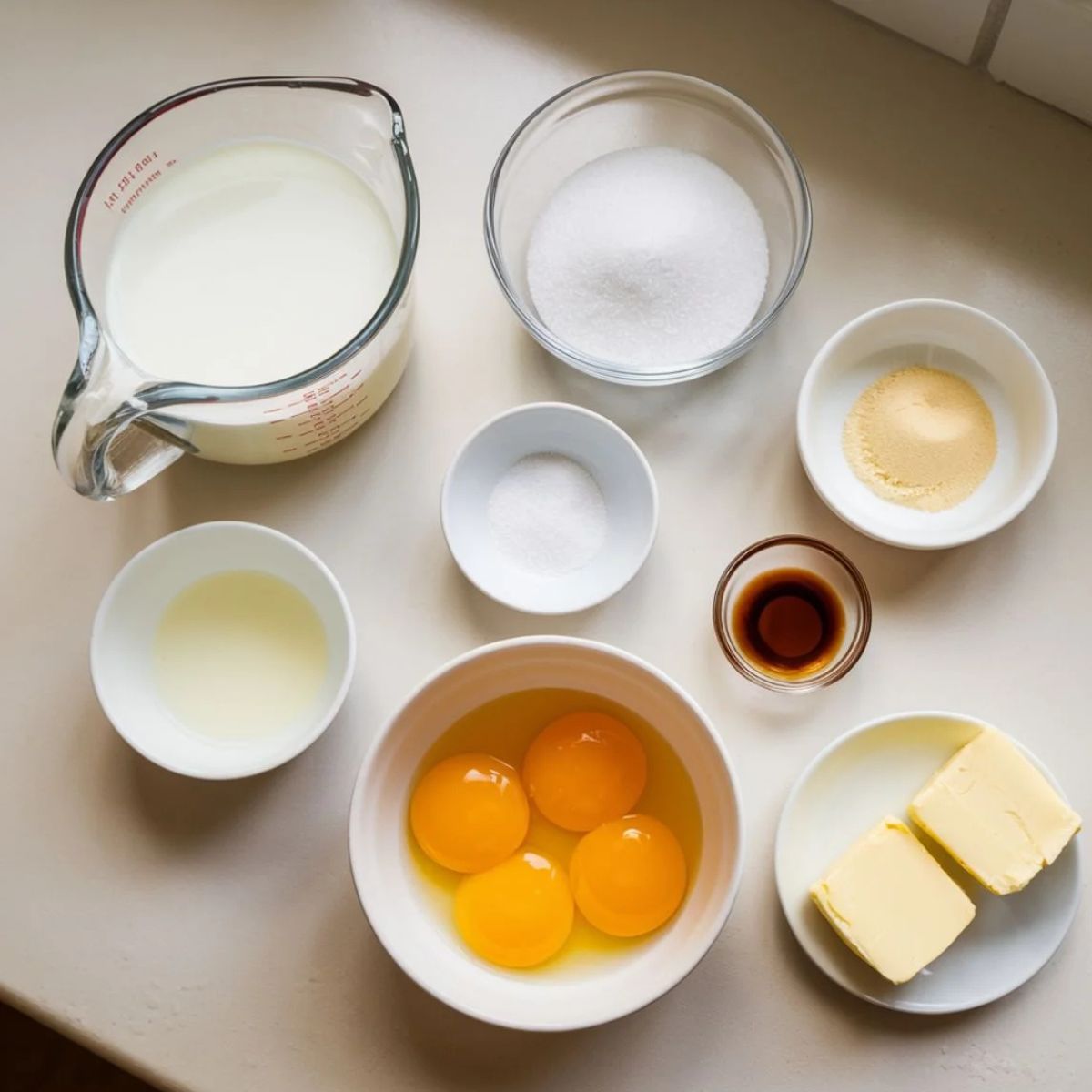 Key ingredients for a Boston Cream Pie recipe, including milk, sugar, eggs, butter, vanilla extract, and custard powder, arranged on a countertop. Perfect setup for preparing the creamy filling and cake layers.