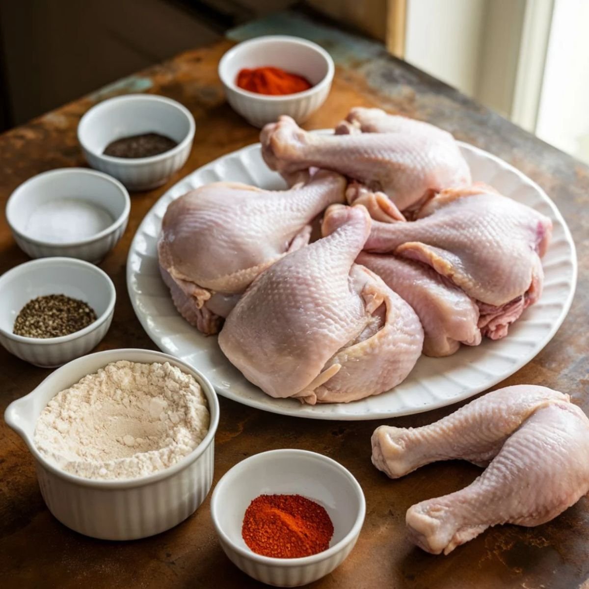 Key ingredients for a classic smothered chicken recipe, including fresh chicken legs, flour, paprika, black pepper, salt, and seasoning, ready to create a flavorful and comforting dish.