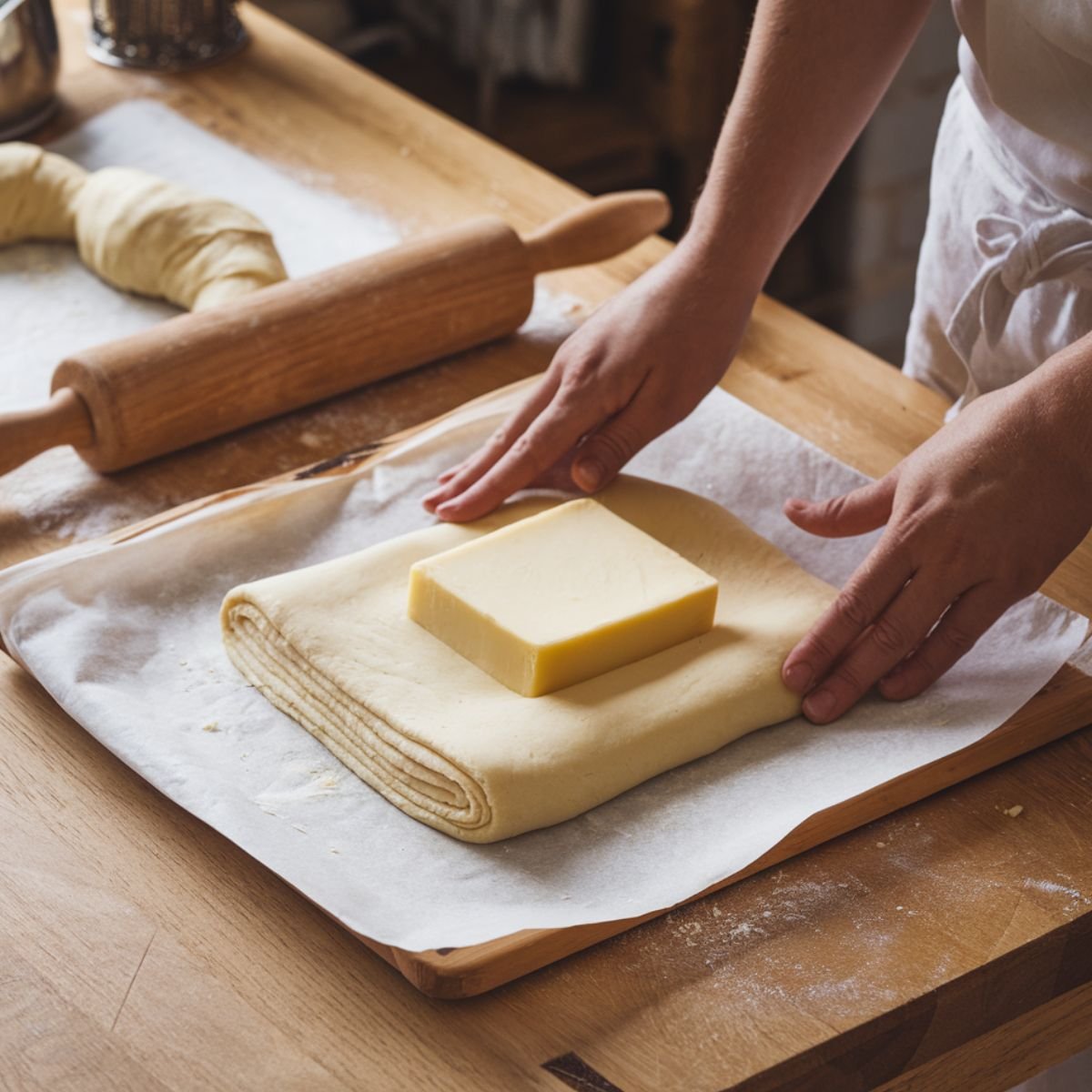 Layering butter into the dough for a Gipfeli Recipe – Homemade Croissant: placing a cold butter block onto folded dough, ready for rolling and folding to create flaky, buttery croissants in a cozy kitchen setting.