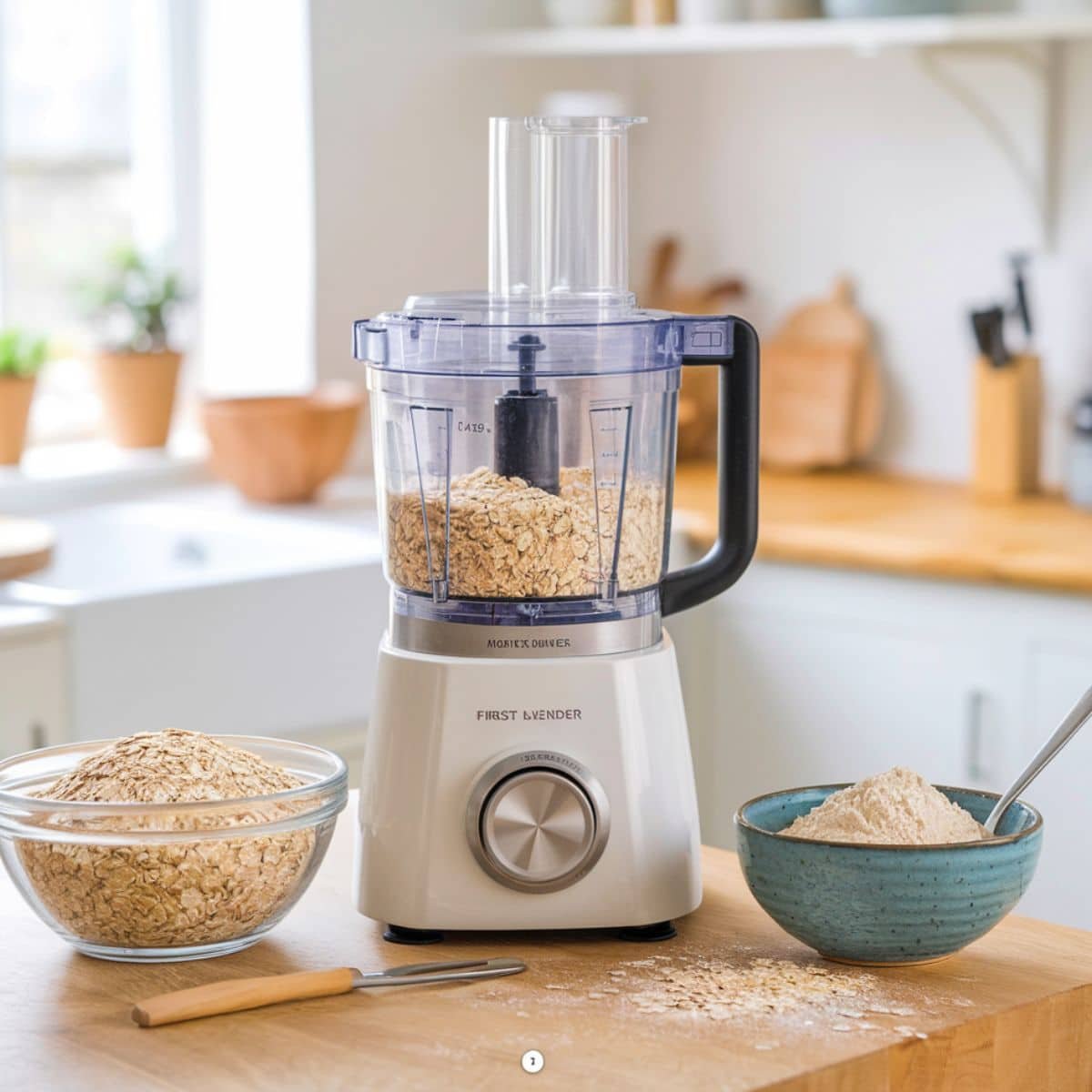 Preparing oat flour for Banana Oat Pancakes using a food processor, with a bowl of oats and freshly ground oat flour in a cozy kitchen setting.