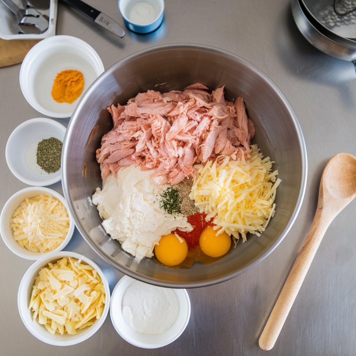 Ingredients for the Chicken Stuffed Shells Recipe in a large mixing bowl, including shredded chicken, ricotta cheese, mozzarella cheese, Parmesan cheese, eggs, and seasonings, ready to be combined for the perfect creamy filling.