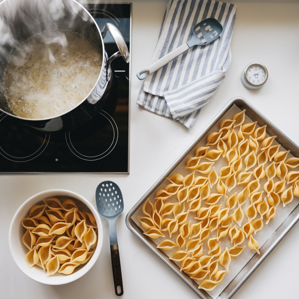 An overhead view of jumbo pasta shells being prepped for a Chicken Stuffed Shells Recipe. The image shows pasta boiling in a pot, a baking tray with cooled shells, and a slotted spoon for easy handling, set on a clean kitchen countertop with a striped towel and timer nearby.