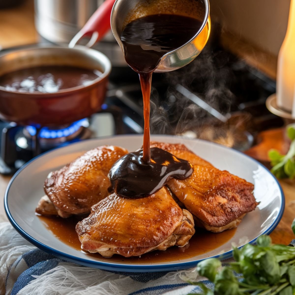 Golden brown chicken thighs served on a plate as rich adobo sauce is poured over them, creating the ultimate Instant Pot Chicken Adobo dish.