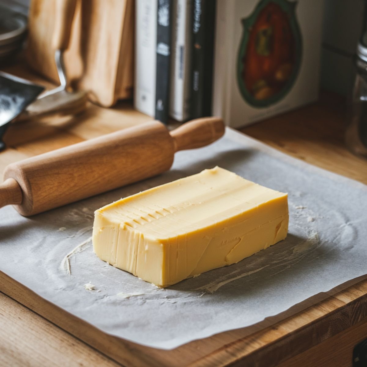 Preparing the butter block for a Gipfeli Recipe – Homemade Croissant: a smooth, cold block of butter placed on parchment paper, ready to be rolled for layering into croissant dough in a cozy kitchen setting.