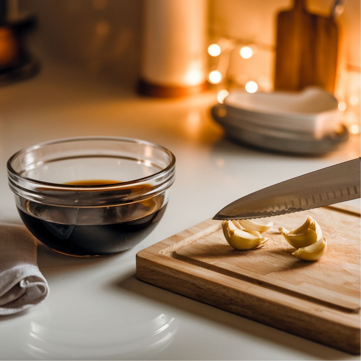 Preparing Ingredients for Instant Pot Chicken Adobo: Soy Sauce Mixture and Fresh Garlic on a Wooden Cutting Board