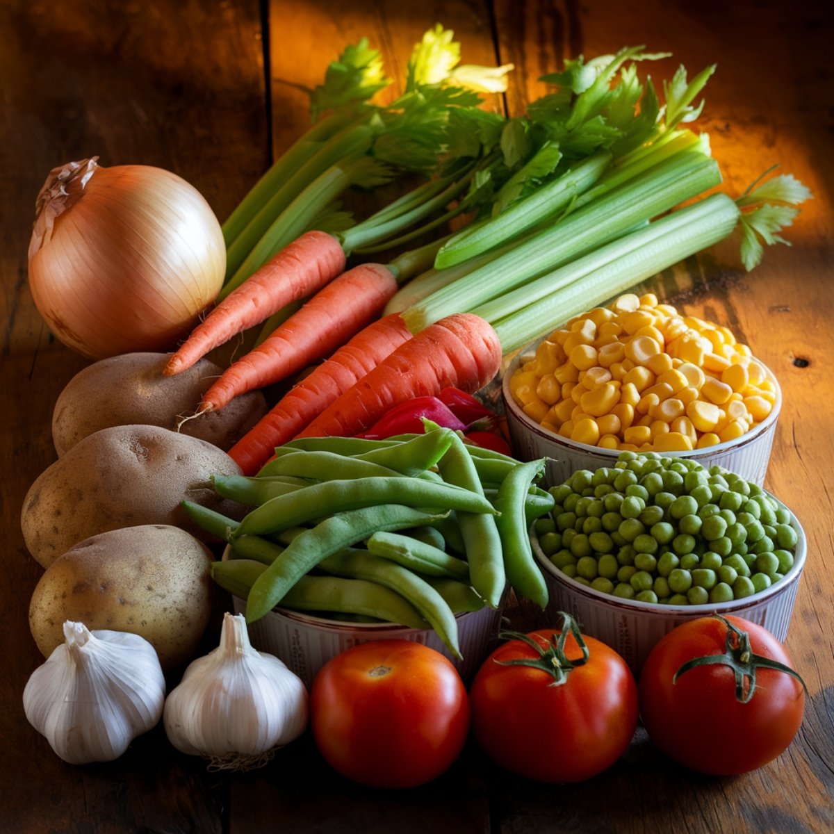 Fresh vegetables for a delicious Beef Soup Recipe: onions, carrots, celery, potatoes, green beans, corn, peas, garlic, and ripe tomatoes, perfectly arranged on a rustic wooden surface to create a hearty and flavorful soup.