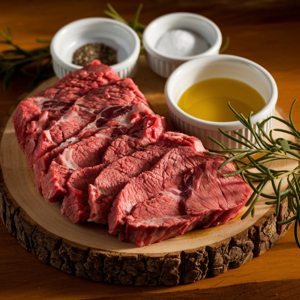 Fresh ingredients for a hearty Beef Soup Recipe: raw chuck roast slices, olive oil, salt, pepper, and sprigs of rosemary arranged on a rustic wooden board, perfect for creating a flavorful and comforting soup.