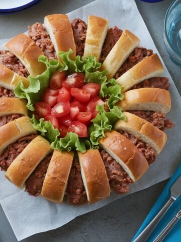 Delicious Taco Ring Recipe featuring a golden crescent roll base filled with seasoned ground beef, topped with fresh lettuce and tomatoes, served as a stunning centerpiece for parties or family meals.